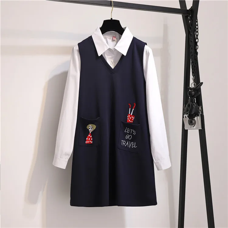 

Fat Mm Large Size Dress 2019 Spring New Style Fashion Embroidery Dress Shirt Two-Piece Set