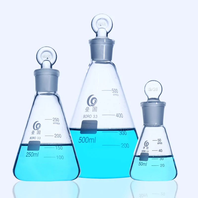 Lab Volumetric Flask 50ml to 1000ml Borosilicate Glass Erlenmeyer Conical with #19 #24 #29 Ground-in Ring Stopper