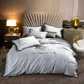

Romantic grey Embroidery Soft 3/4pcs/set Satin Silk Duvet cover +Bed sheet+Pillowcase Fashion 2020 new luxury bedding set