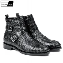 Ботильоны с двойной пряжкой в британском стиле; Мужская Роскошная деловая обувь из натуральной кожи; мужские дизайнерские модельные туфли из крокодиловой кожи черного цвета