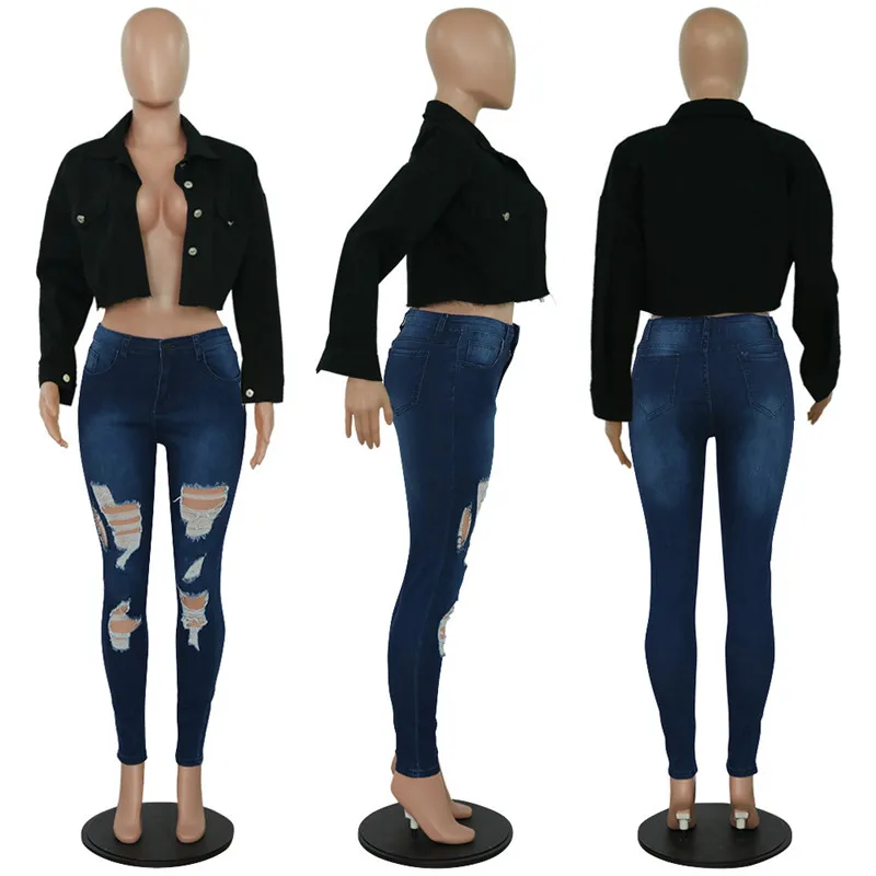 ANJAMANOR Jean Crop Bomber Jacket Neon Candy Solid Color Denim Coats and Jackets Women Wind Breaker Long Sleeve Outerwear D52AE2