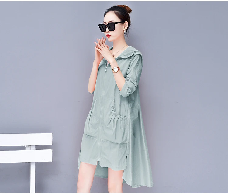 Summer Ultra-Thin Loose Trench Coat For Women Hooded Long Cardigan Beach Trench Coats Plus Size 3XL Windbreaker DV222