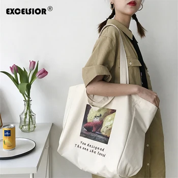

EXCELSIOR Women Canvas Shoulder Bag Rose Printing Simple Shopping Bags Students' Book Bag Cotton Cloth Handbags Tote For Girls
