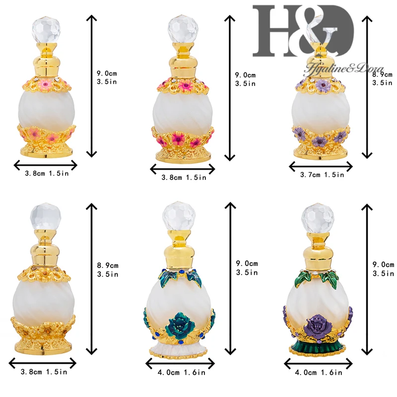 H&D Set of 6,Glass Empty Refillable Perfume Bottle With Flower Ornament Elegant Frosted Mini Fragrance Container Home Decor Gift