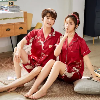 

Sexy Satin Couple Pajamas Set Silk Pajamas For Women And Men Lovers Short Sleeved Autumn Pyjamas Sleepwear Sets Pijama Mujer
