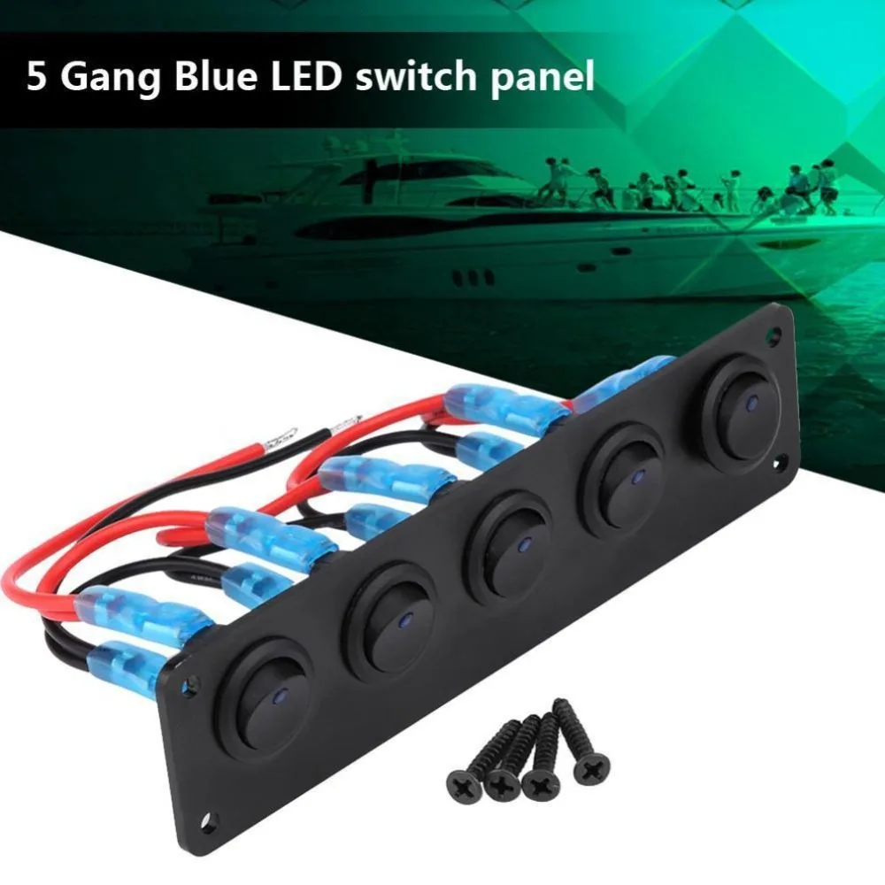 Blue 12-24V 5 Gang Round Dash Rocker Toggle Switch Panel Blue LED for RV Boat Marine