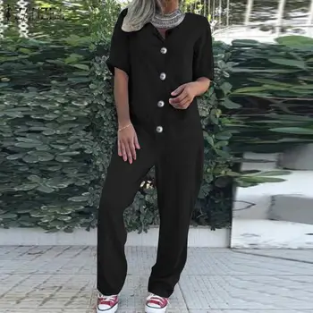 

2020 Plus Size ZANZEA Summer Fashion Jumpsuit Women Solid Short Sleeve Dungarees Long Overalls Rompers Wide Leg Pants Playsuits