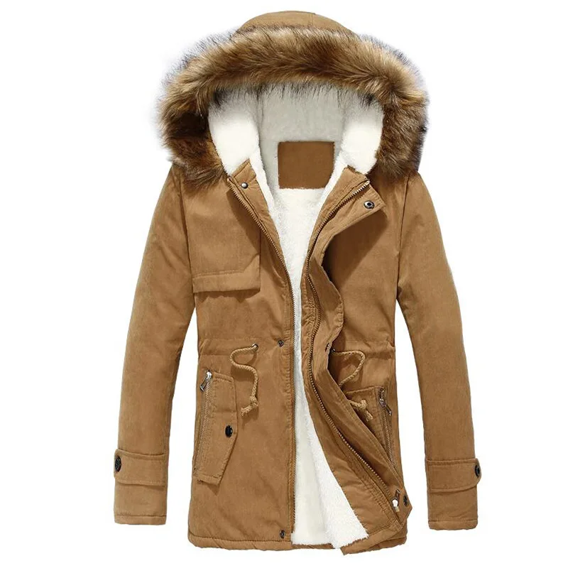 Khaki Модные пальто ветровка Толстые мужские парки зимние куртки тонкие мужские парки пальто средней длины шляпы повседневные ветрозащитные MOOWNUC - Цвет: Khaki