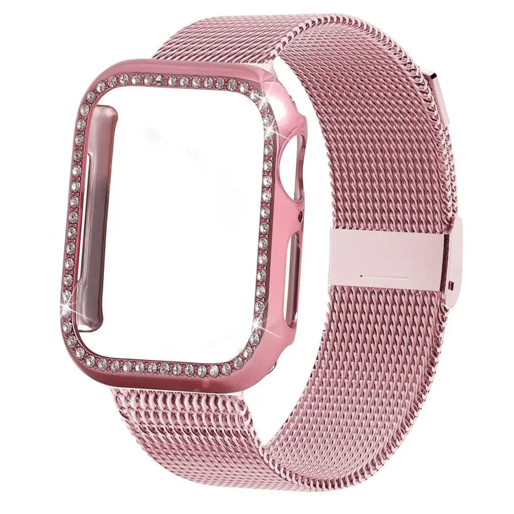 pink gold Шикарный чехол+ ремешок для Apple Watch band 44 мм 40 мм iWatch 5 4 3 42 мм 38 мм браслет из нержавеющей стали Миланская петля Apple watch ремень - Цвет ремешка: pink gold