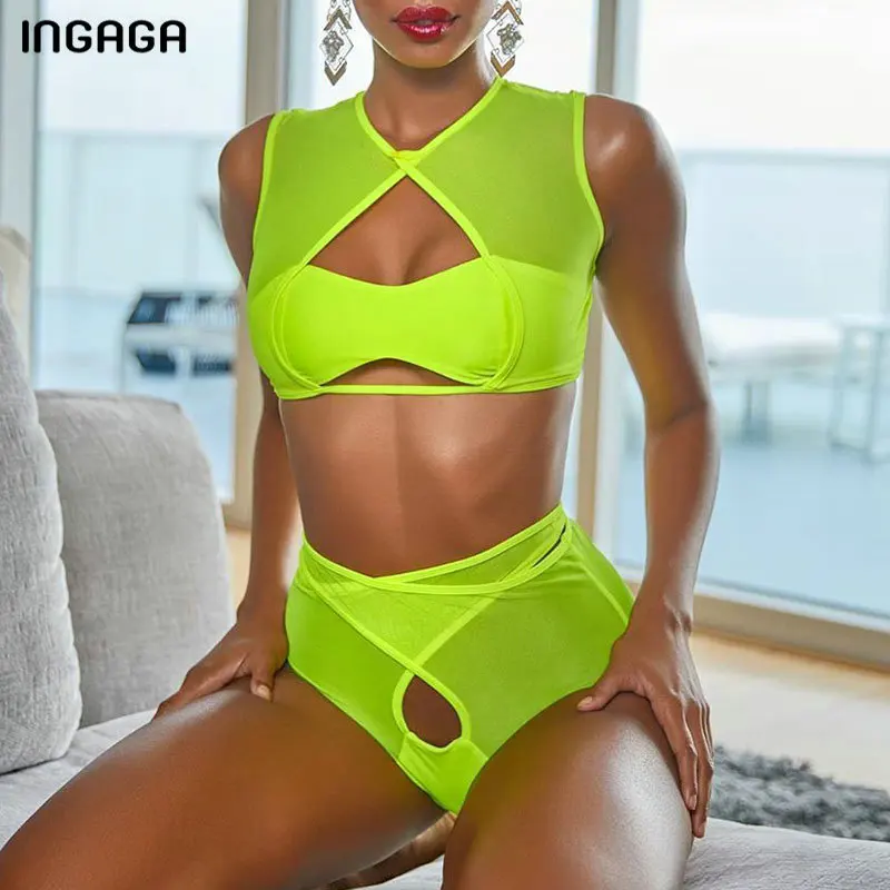 INGAGA High Waist Bikinis Swimsuits Transparent Mesh Swimwear Women Bandeau Brazilian Bikini Set Puah Up Biquini Bathing Suits INGAGA High Waist Bikinis Swimsuits Transparent Mesh Swimwear Women Bandeau Brazilian Bikini Set Puah Up Biquini Bathing Suits