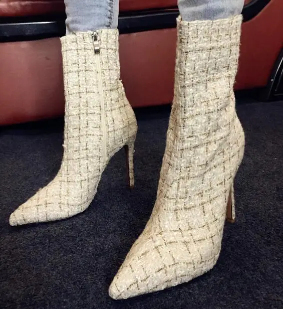 

Free Shipping Hot Woman White Red Grid Cloth Zipper 10 cm Stiletto Heels Pointed Toe Ankle Boots Fashion High Heel Booties
