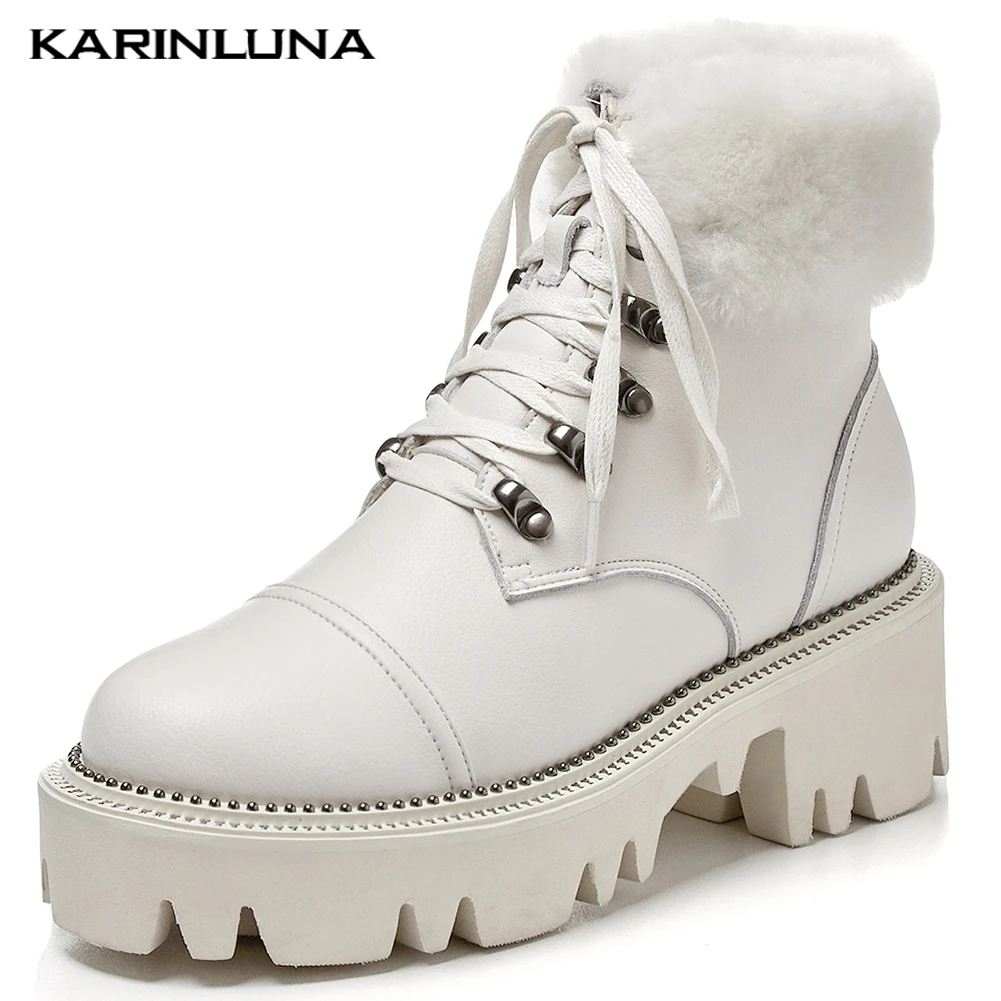 

Karinluna 2019 new arrivals Big Size 40 Genuine Cow Leather Platform Ankle Boots Woman Shoes Lace Up Warm Winter Boots Female
