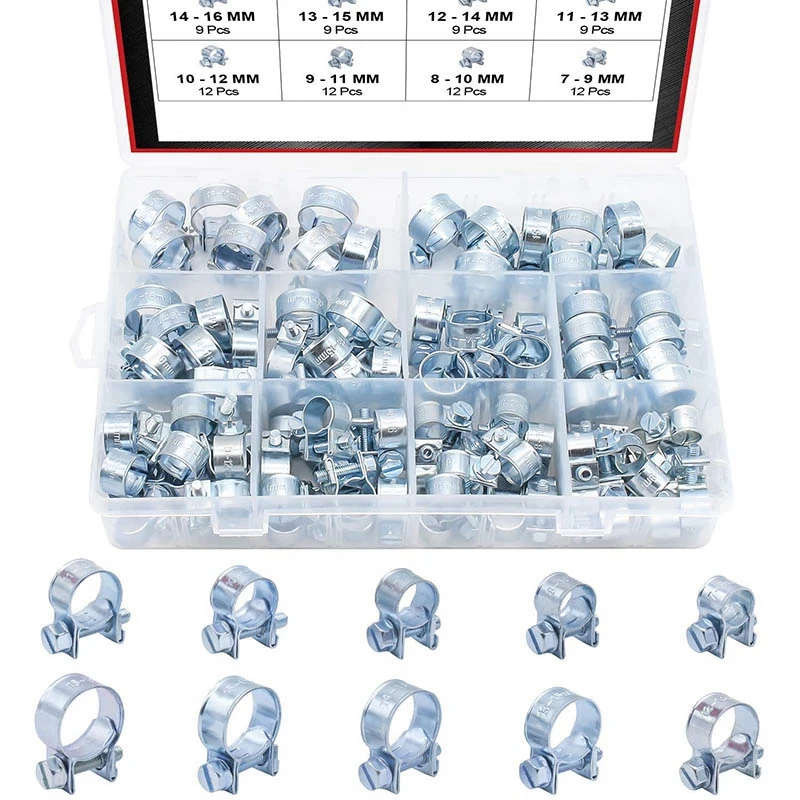 

100Pcs 10 Sizes Zinc Plated Mini Fuel Injection Line Style Hose Clamp Assortment Kit, Perfect for Automotive, Agriculture, Plant