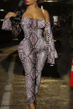 

Sexy Women Off Shoulder Jumpsuits Fashion Serpentine /Zebra Print Long Sleeve Romper Stretch Bodycon Jumpsuit Skinny Rompers