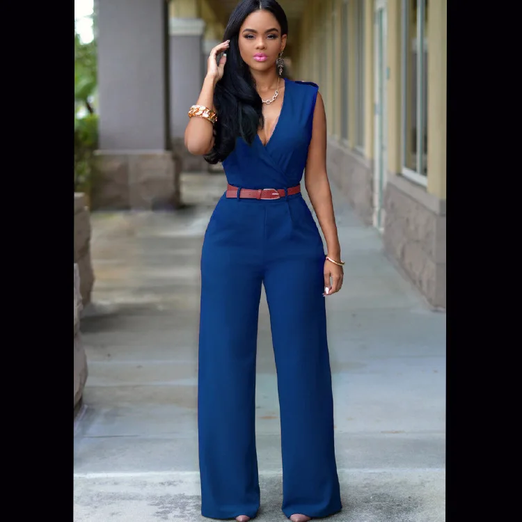 Женский комбинезон с высокой талией и v-образным вырезом, свободные широкие штаны для офиса, повседневные Комбинезоны для женщин - Цвет: Dark blue