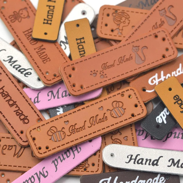 30pcs Handmade labels for Knitting crochet Personalised leather tags with  text logo Sew in clothes hats label handcraft items