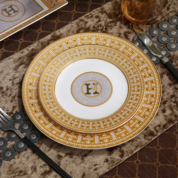 

Porcelain flat plates bone china "H" mark mosaic design outline in gold dishes plates clubhouse upscale ceramic tableware
