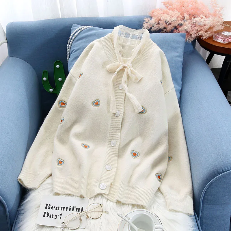 ^Cheap heart embroidered women sweater and cardigan v-neck knitted loose solid 2019 autumn winter new outwear coat tosp