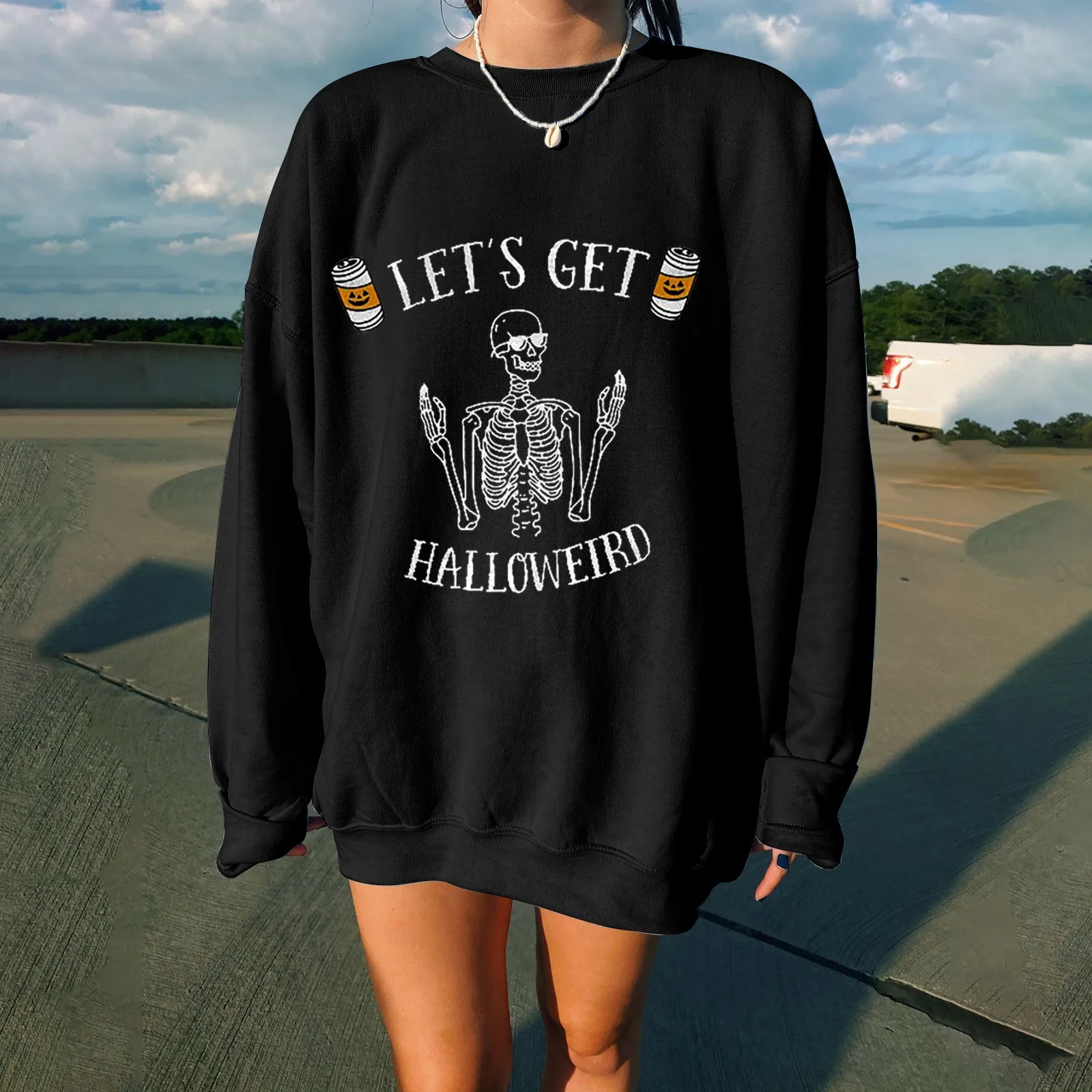 2021 Halloween Hoodie Women's Fashion Casual Fun Skull Printing  Round Neck Sweater Autumn Loose Sports Tops Pullover femme 2