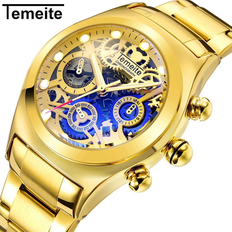 

Men's Watch TEMEITE 2019 Brand Mens Watch Quartz Luxury Gold Blue Steel Man Wristwatch Waterproof Creative Casual Male Clocks