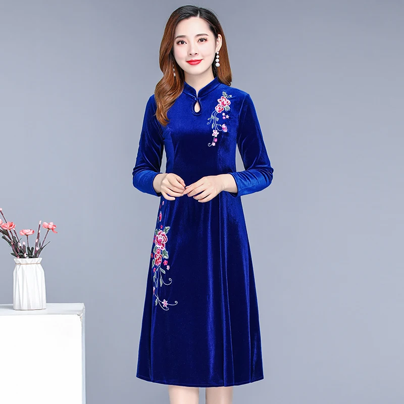 Вечернее платье элегантные женские новые золотые бархатные cheongsam ретро платье вышитые большие размеры вечернее платье