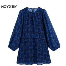 Moyatiy – Mini robe de soirée à manches lanternes pour femmes, tenue de soirée rétro, col rond, imprimé géométrique, Rblue, 2022 
