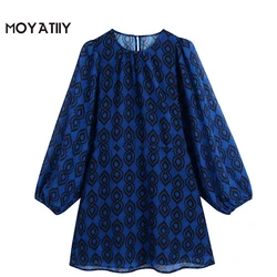 MOYATIIY minivestido Retro con estampado geométrico para mujer, Vestidos de fiesta con manga farol, Rblue, cuello redondo, 2022