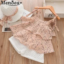 Детские летние костюмы г. детские комплекты одежды для девочек без рукавов с бантом и цветочным рисунком Короткие штаны с шапкой, комплекты одежды из 3 предметов