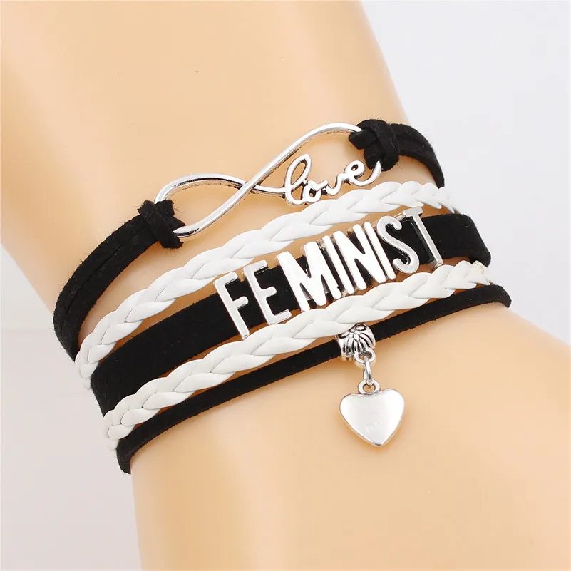 Новые серебряные кожаные браслеты Feminist Infinity Lover Сердце Шарм ручной работы регулируемые браслеты ювелирные изделия для женщин дропшиппинг