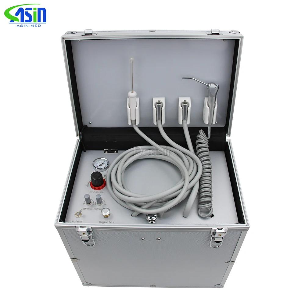 

Portable Dental Unit with High and low speed HP Pipe,3 Way Syringe, Oilless Air Compressor, Water bottle, Foot Control