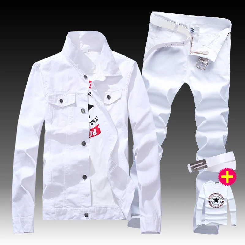 New Men's Denim Jacket Pants 2pcs Set Single Breasted Holes Casual Coat Trousers Slim Fit Cool Boys Jackets A55 New Men's Denim Jacket Pants 2pcs Set Single Breasted Holes Casual Coat Trousers Slim Fit Cool Boys Jackets A55