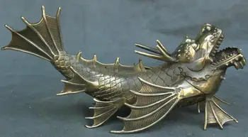 

13" Chinese Art Copper Feng Shui Dragon Fish Fly Dragon Beast Sculpture Statue