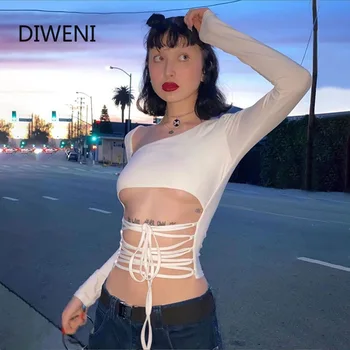 

Sexy Bandage T Shirt For Girl Skew Collar Street Style Crop Top Long Sleeve Women Hollow Cropped Tie Up Casual White Tshirt