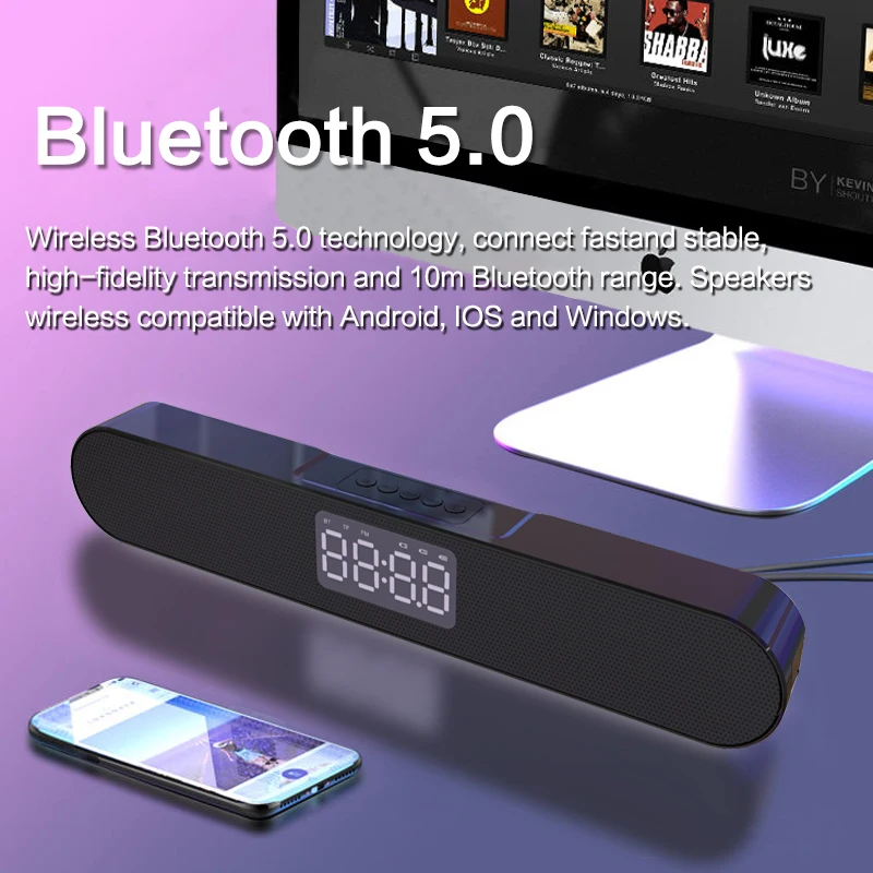 LED Wireless Bluetooth Speaker With FM Radio Alarm Clock Home Theater Surround Subwoofer AUX USB For PC TV |