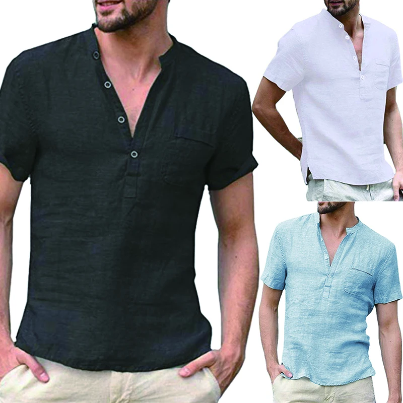 

Men's Summer Casual T Shirt Plain Solid Color Short Sleeve Tops Cotton Linen Classic Male Handsome Breathable Round Neck Tee