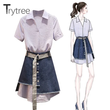 

Trytree 2020 Summer two piece set Casual Stripe Turn-down Collar top + Skirt Cowboy Mini Irregular Belt Button Set 2 Piece Set