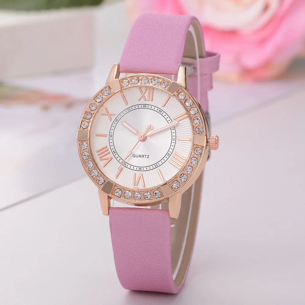 Женские модные часы с искусственным бриллиантом, кожа, аналоговые кварцевые часы из сплава, стразы, Элегантные классические кварцевые часы YE1