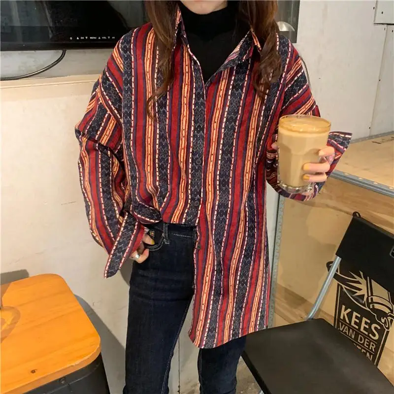Новая весенняя модная Вельветовая блузка, Топы Harajuku, Раздвоенная женская рубашка, Необычные винтажные полосатые рубашки с длинными рукавами для женщин - Цвет: Бургундия