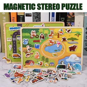 

Wooden Magnetic Puzzle Educational Early Learning Kids Toys For Children Animal-traffic Scenes Intelligence Juguetes 3d Puzzle