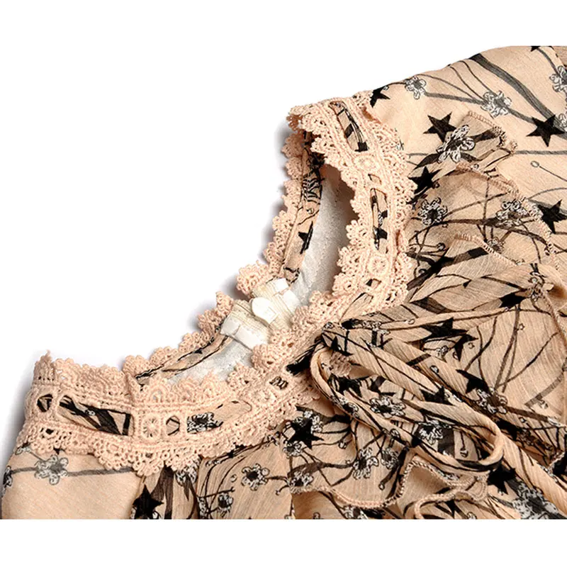 autumn woman clothes crochet round neck casade ruffles flared sleeves mid-calf length star print women shirt oversized dress