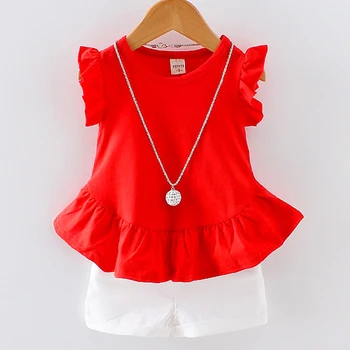 

Newborn Baby Girls Clothing Set Folds Lace Top White Shorts with Necklaces Children Sweet Costume 0-4 Years Old Necklaces