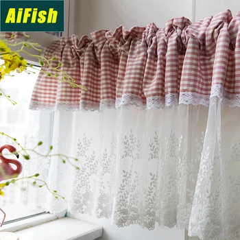 

Pink Fresh Small Lattice Lace Embroidery Short Curtains Kitchen Study Short Curtain Porch Entrance Partition Curtain DL-TM704-3