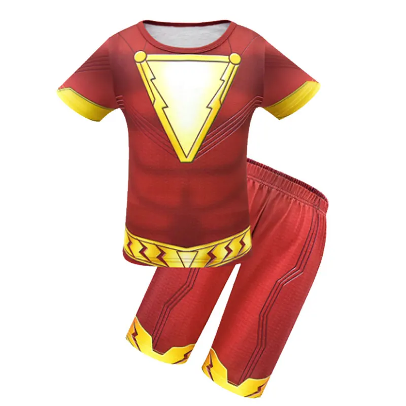 Комплект одежды для мальчиков «thunderboy Shazan»; Детские вечерние Костюмы супергероев для костюмированной вечеринки; комплект из футболки и шорт; сезон лето