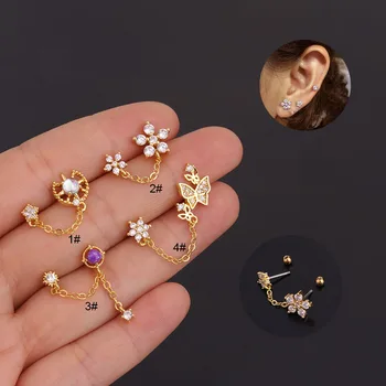 1PC New Desgin Copper 20G Tassel Earrings Helix Piercing Tragus Piercing Flower Zircon Gem Ear Stud Piercing Body Jewelry Women