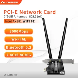 Adaptateur WiFi 6 PCIE sans fil, carte réseau 802.11AX, 3000 mb/s, 5.2 Ghz/5Ghz, Intel AX210, double bande, 2.4 