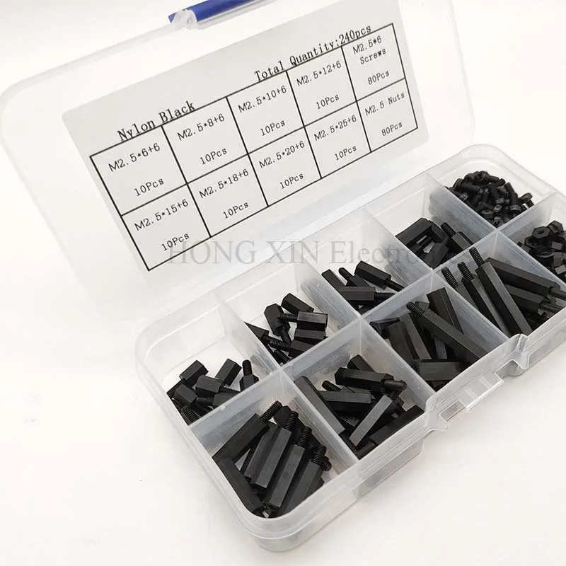 240Pcs M2.5 Black Male-Female Hex Nylon Spacers PCB Threaded Screws nuts Bolt Assortment kit set Standoff Box Best Quality