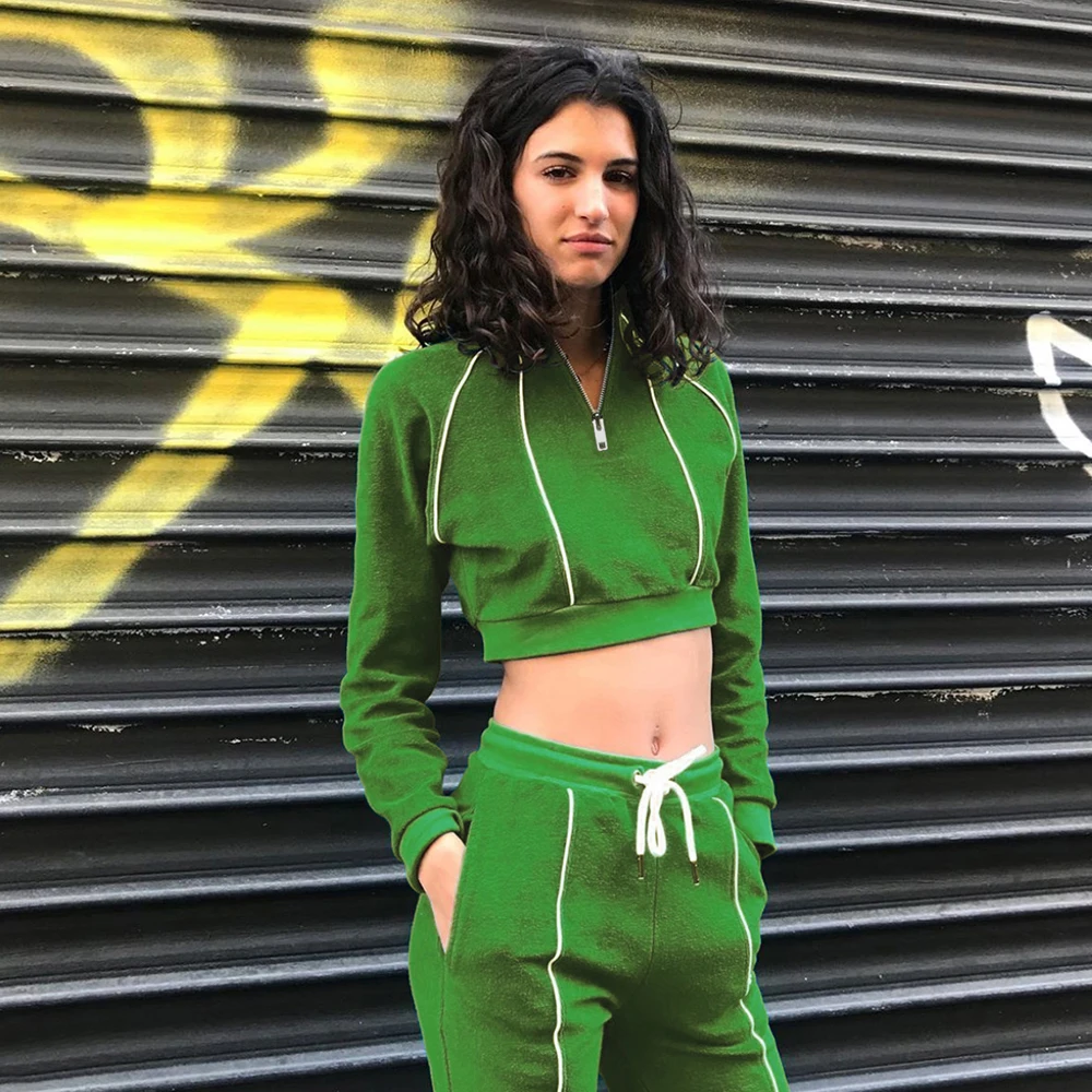 

Autumn Winter Outdoor Sports Set Green Reflective Strip Patchwork Zipper Long Sleeve Drawstring Pants Yoga Suit Gym Clothes