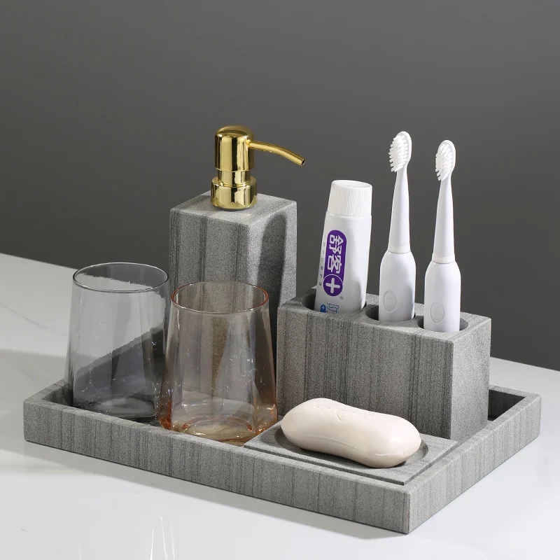 

Bathroom Set Marble Toothbrush Holder Pump Soap Dispenser Dish Couple Cup Cotton Swab Box Wedding Present Sanitary Ware Grey New