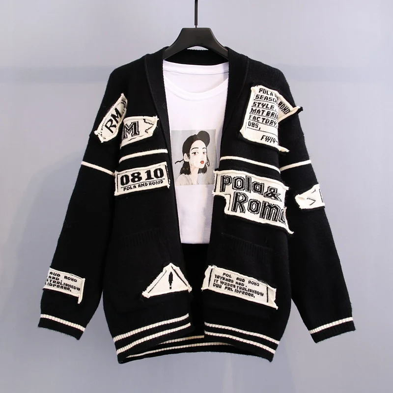

Autumn Winter Sweater Cardigan Women New Korean Letters Appliques Loose Knitted Sweater Jacket Women Open Stitch Femeninas