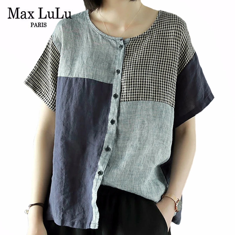 

Max LuLu 2020 Summer Chinese Fashion Style Ladies Vintage Tops Womens Casual Denim Patchwork Shirts Loose Plaid Linen Streetwear